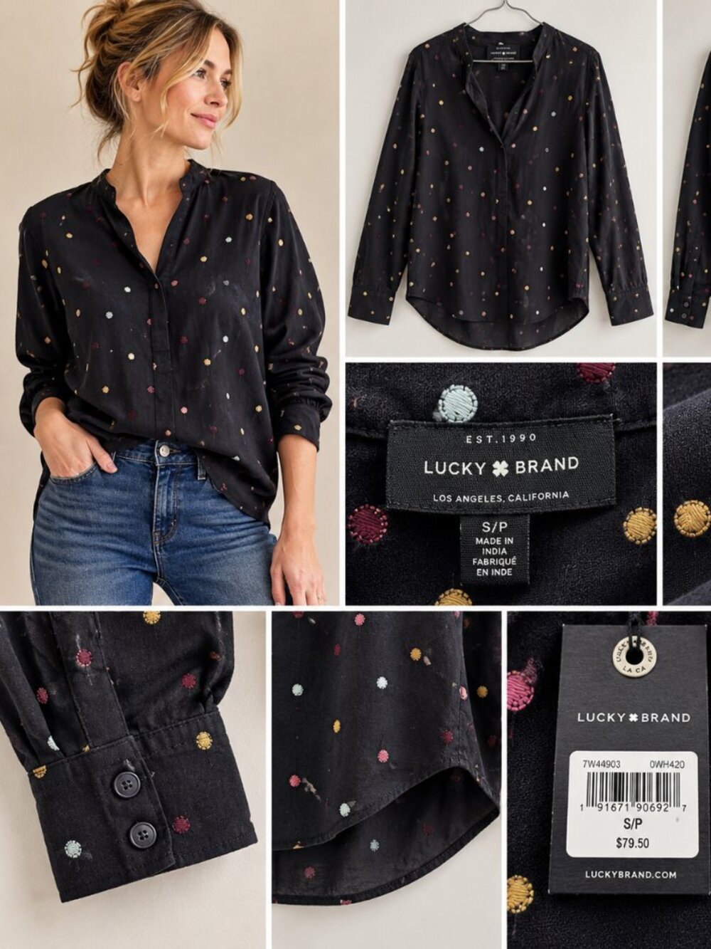 Lucky Brand Polka Dot Popover Blouse S NWT Embroidered Cotton Boho
